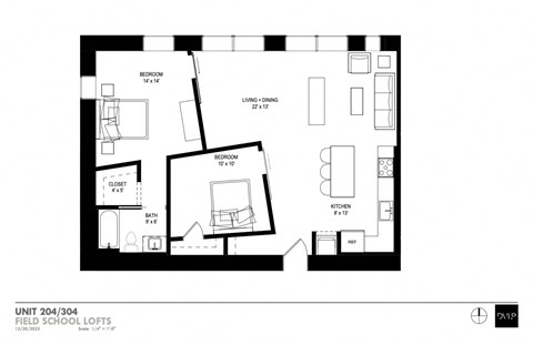 Floor plan for 2 beds, 1 bath, 1116 sqft
